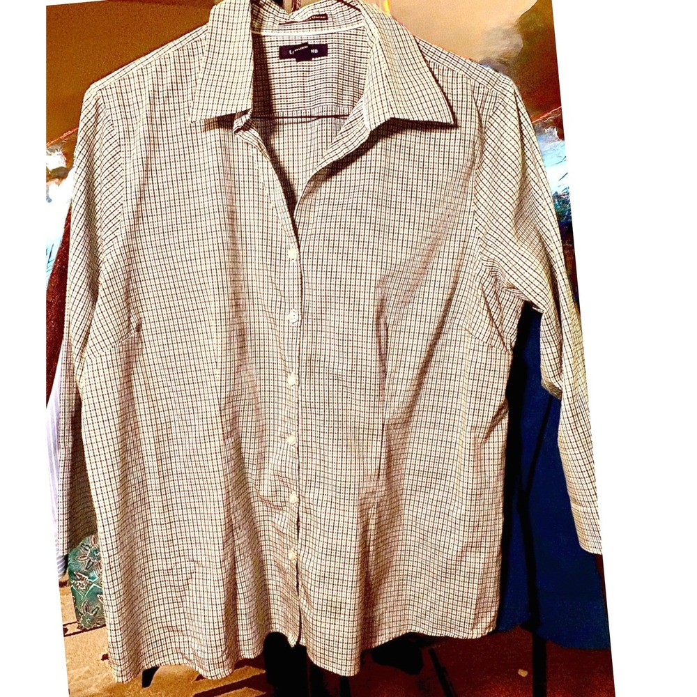 Lands End Button Down Shirt Womens 18 Green Good No Iron Pinpoint Oxford Check